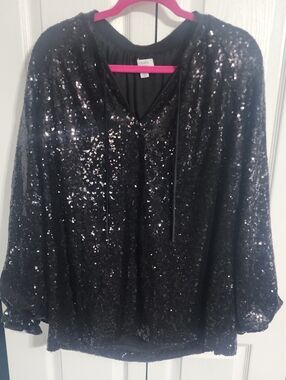 Crown & Ivy Black Sequin V-Neck Blouse with Tie
